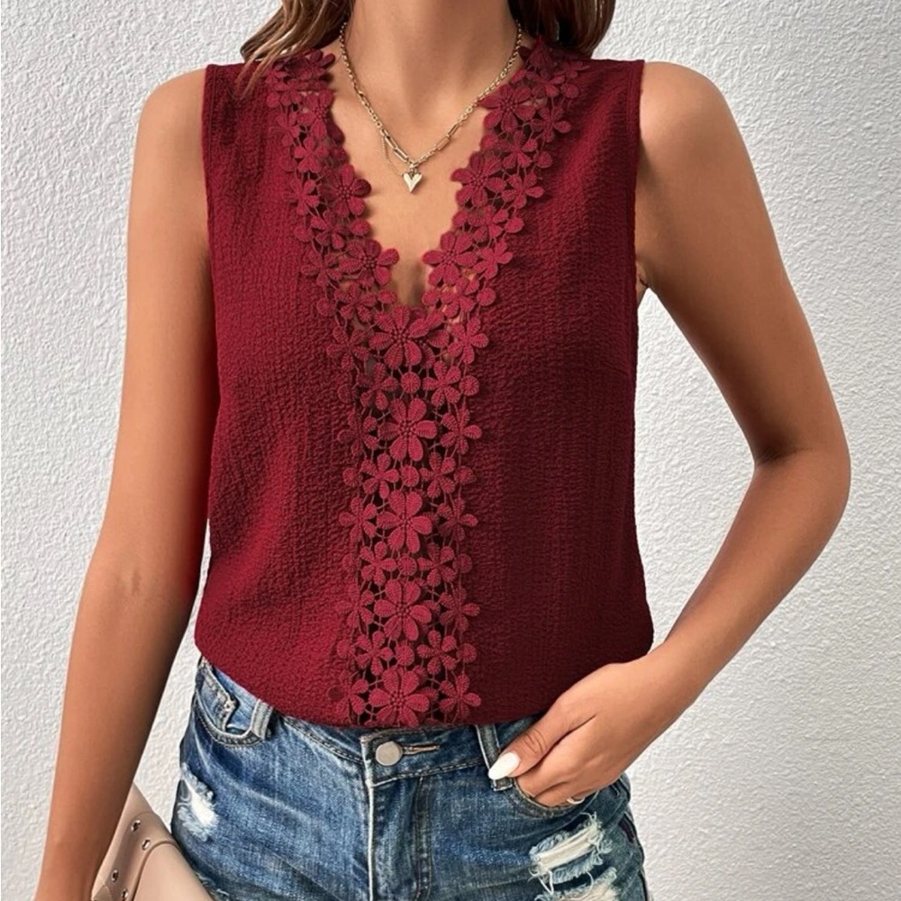 Boho red lace appliqué top